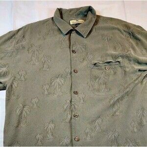 Tommy Bahama Silk Shirt‎ Mens Medium Silk Relax Patterned Dark Green Pocket